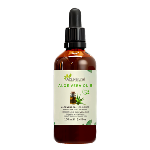 Huile d’aloe vera 100 ml Aza Natural, flacon en verre foncé et pipette, étiquette avec une cruche d’huile et un plant d’aloès