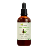 Aloë vera olie 100 ml van Aza Natural, fles van donker glas met pipet en een etiket met een kruikje olie en een aloëplant