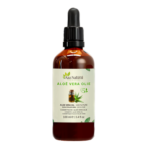 Aloë vera olie 100 ml van Aza Natural, fles van donker glas met pipet en een etiket met een kruikje olie en een aloëplant