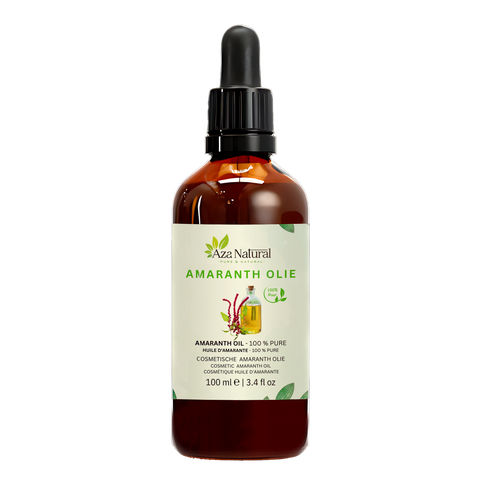 Fles amarant olie van Aza Natural, 100 ml, donker glas met pipet en een etiket met een rode amarantpluim en een flesje olie