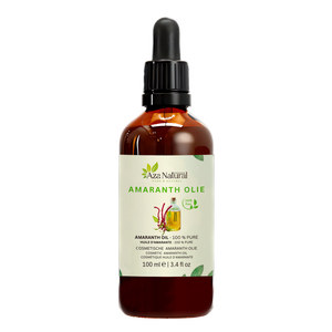 Fles amarant olie van Aza Natural, 100 ml, donker glas met pipet en een etiket met een rode amarantpluim en een flesje olie