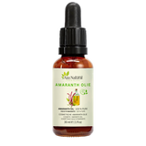 Fles amarant olie van Aza Natural, 30 ml, donker glas met pipet en een etiket met een rode amarantpluim en een flesje olie
