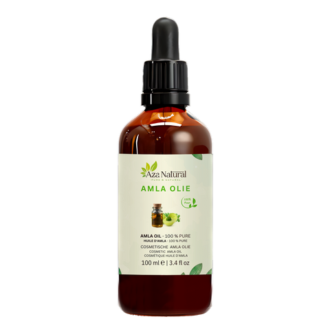 Huile d’amla 100 ml Aza Natural, flacon en verre foncé avec pipette, étiquette avec fruits d’amla verts et une cruche d’huile