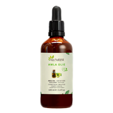 Amla olie 100 ml van Aza Natural, fles van donker glas met pipet en een etiket met groene amlavruchten en een kruikje olie