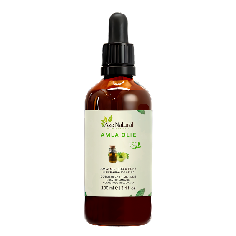 Amla-Öl 100 ml von Aza Natural, Flasche aus dunklem Glas mit Pipette, Etikett mit grünen Amlafrüchten und einem Krug Öl