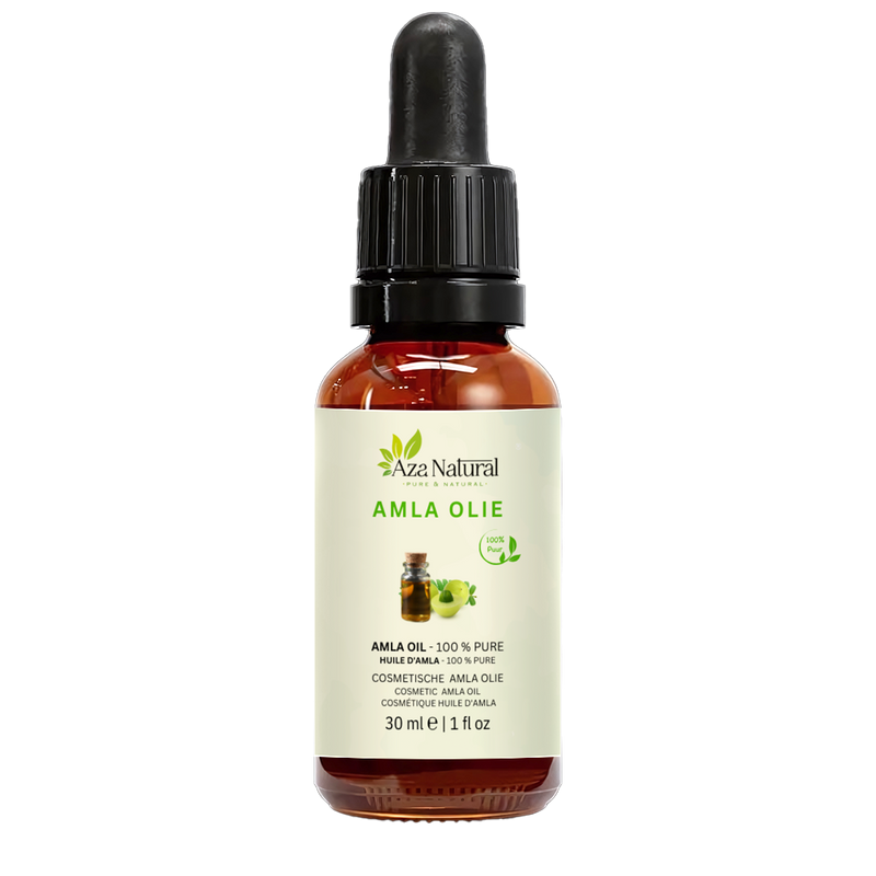 Flasche Amla-Öl von Aza Natural, 30 ml, dunkles Glas mit Pipette, Etikett mit grünen Amlafrüchten und einem Krug Öl