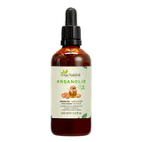 Fles arganolie van Aza Natural, 100 ml, donker glas met pipet en een etiket met arganvruchten en een kannetje olie