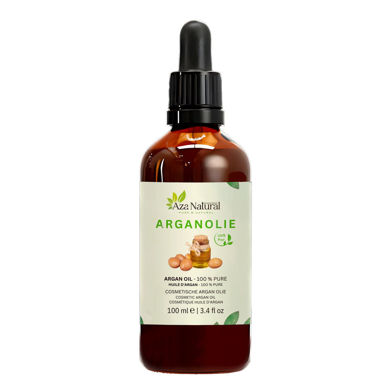 Flasche Arganöl von Aza Natural, 100 ml, dunkles Glas mit Pipette, Etikett mit Arganfrüchten und einem Kännchen Öl