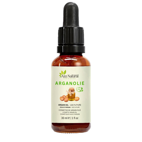 Flacon d’huile d’argan Aza Natural, 30 ml, verre foncé avec pipette, étiquette avec fruits d’arganier et un pichet d’huile