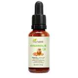Fles arganolie van Aza Natural, 30 ml, donker glas met pipet en een etiket met arganvruchten en een kannetje olie