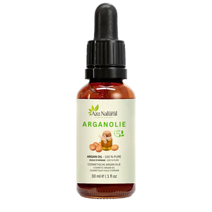 Fles arganolie van Aza Natural, 30 ml, donker glas met pipet en een etiket met arganvruchten en een kannetje olie