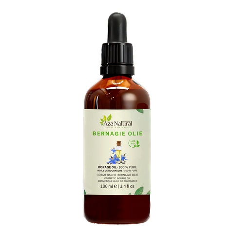 Borretschöl 100 ml von Aza Natural, Flasche aus dunklem Glas mit Pipette, Etikett mit blauen Borretschblüten und Samen