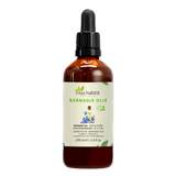 Bernagie olie 100 ml van Aza Natural, fles van donker glas met pipet en een etiket met blauwe bernagiebloemen en zaadjes