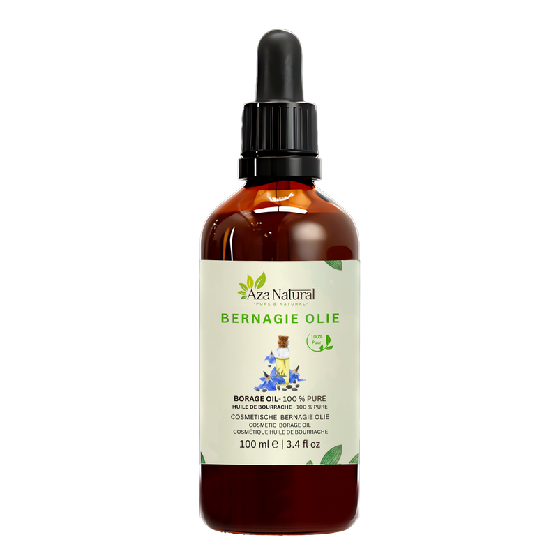 Borretschöl 100 ml von Aza Natural, Flasche aus dunklem Glas mit Pipette, Etikett mit blauen Borretschblüten und Samen