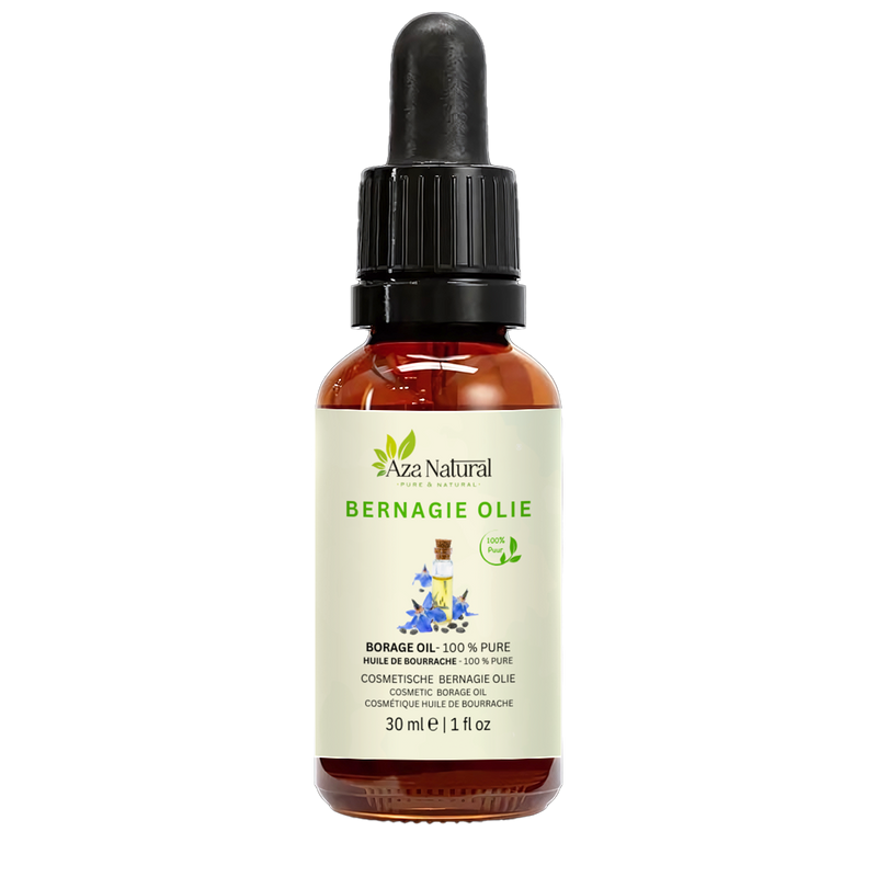 Flasche Borretschöl von Aza Natural, 30 ml, dunkles Glas mit Pipette, Etikett mit blauen Borretschblüten und Samen