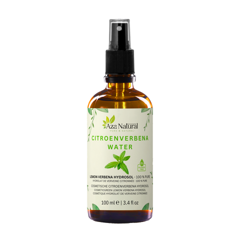 Flesje citroenverbena water van Aza Natural, 100 ml, bruin glas met sprayknop en een etiket met een takje verbenablad