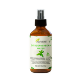 Flesje citroenverbena water van Aza Natural, 250 ml, bruin glas met sprayknop en een etiket met een takje verbenablad