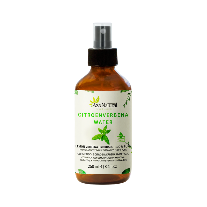 Flasche Verbenenwasser von Aza Natural, 250 ml, Braunglas mit Sprühkopf und ein Etikett mit einem Zweig Verbenenblätter