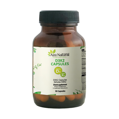 Pot de gélules D3-K2 Aza Natural avec 30 gélules, verre foncé à couvercle à vis