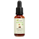 Fles dadelolie van Aza Natural, 30 ml, donker glas met pipet en een etiket met een schaaltje olie en dadels