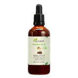 Fles dadelolie van Aza Natural, 100 ml, donker glas met pipet en een etiket met een schaaltje olie en dadels