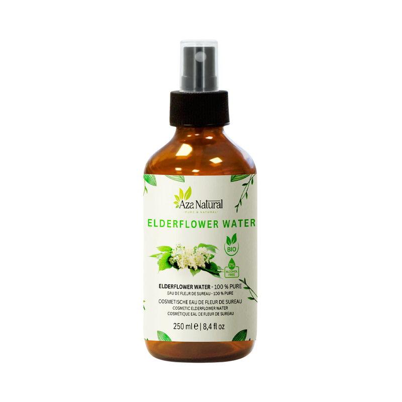 Fläschchen Holunderblütenwasser von Aza Natural, 250 ml, braunes Glas mit Sprühkopf und ein Etikett mit Holunderblüten