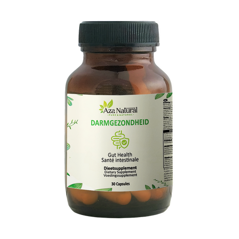 Pot de gélules Darmgezondheid Aza Natural avec 30 gélules, verre foncé à couvercle à vis