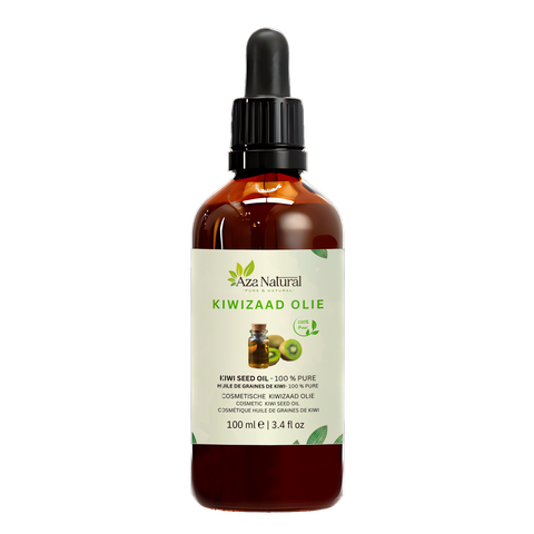 Kiwizaad olie 100 ml van Aza Natural, fles van donker glas met pipet en een etiket met een flesje en kiwihelften