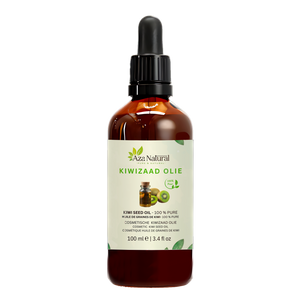 Kiwizaad olie 100 ml van Aza Natural, fles van donker glas met pipet en een etiket met een flesje en kiwihelften