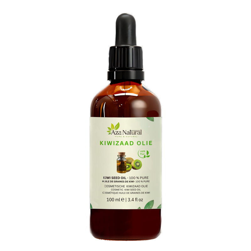Kiwizaad olie 100 ml van Aza Natural, fles van donker glas met pipet en een etiket met een flesje en kiwihelften