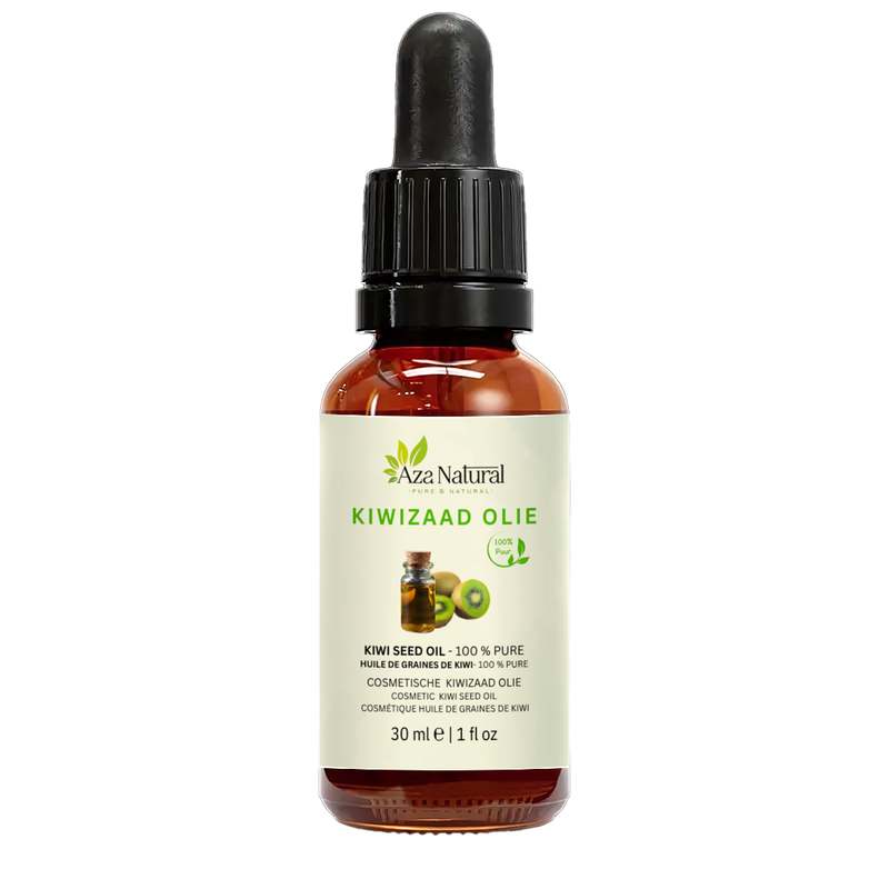 Fles kiwizaad olie van Aza Natural, 30 ml, donker glas met pipet en een etiket met een flesje en kiwihelften