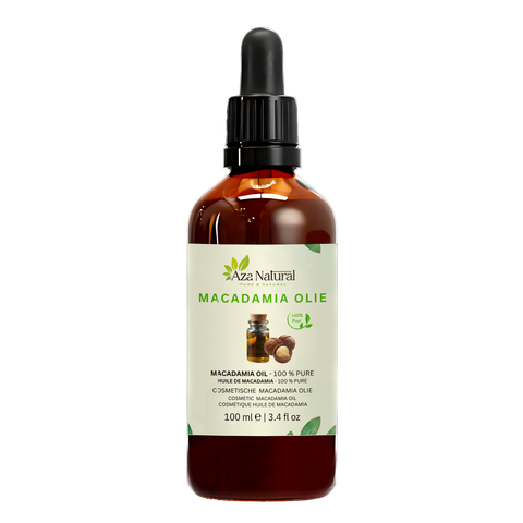Huile de macadamia 100 ml Aza Natural, flacon en verre foncé avec pipette, étiquette avec cruche d’huile et noix de macadamia