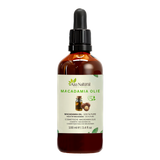 Huile de macadamia 100 ml Aza Natural, flacon en verre foncé avec pipette, étiquette avec cruche d’huile et noix de macadamia