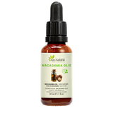 Flacon d’huile de macadamia Aza Natural, 30 ml, verre foncé avec pipette, étiquette avec cruche d’huile et noix de macadamia