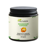 Pot magnesium capsules van Aza Natural met 120 capsules, brede pot van donker glas