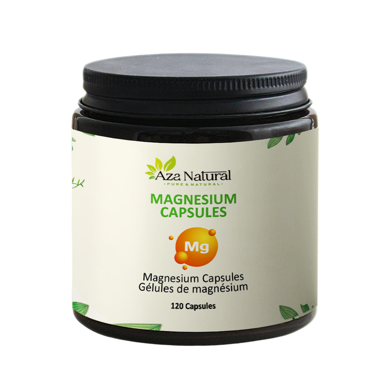 Dose Magnesium-Kapseln von Aza Natural mit 120 Kapseln, breite Dose aus dunklem Glas