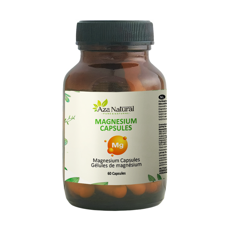 Dose Magnesium-Kapseln von Aza Natural mit 60 Kapseln, dunkles Glas mit Schraubdeckel