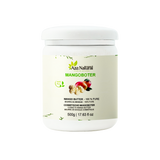 Mangoboter 500 gram van Aza Natural, witte kunststof pot met etiket met een mango