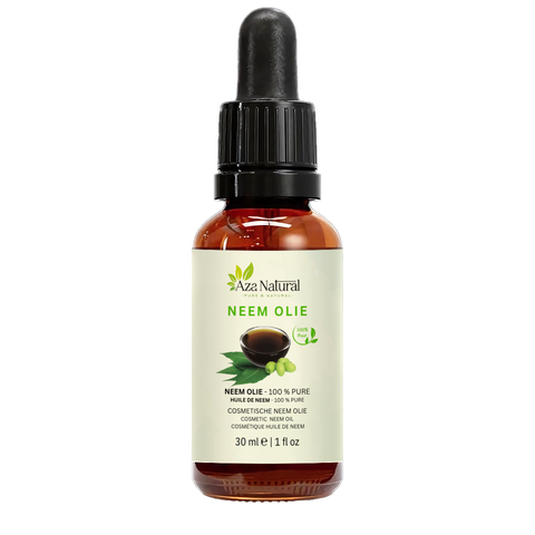 Flacon d’huile de neem Aza Natural, 30 ml, verre foncé avec pipette, étiquette avec un bol d’huile et une feuille de neem