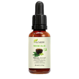 Fles neemolie van Aza Natural, 30 ml, donker glas met pipet en een etiket met een schaaltje olie en neemblad