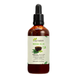 Fles neemolie van Aza Natural, 100 ml, donker glas met pipet en een etiket met een schaaltje olie en neemblad