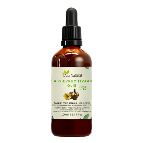 Huile de maracuja 100 ml Aza Natural, verre foncé avec pipette, étiquette avec un petit flacon et moitiés de fruit