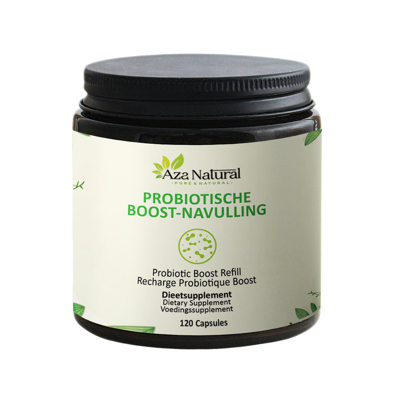 Dose Probiotic Boost Kapseln von Aza Natural mit 120 Kapseln, dunkles Glas mit Schraubdeckel