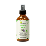 Flesje rozemarijn water van Aza Natural, 250 ml, bruin glas met sprayknop en een etiket met een getekend rozemarijntakje