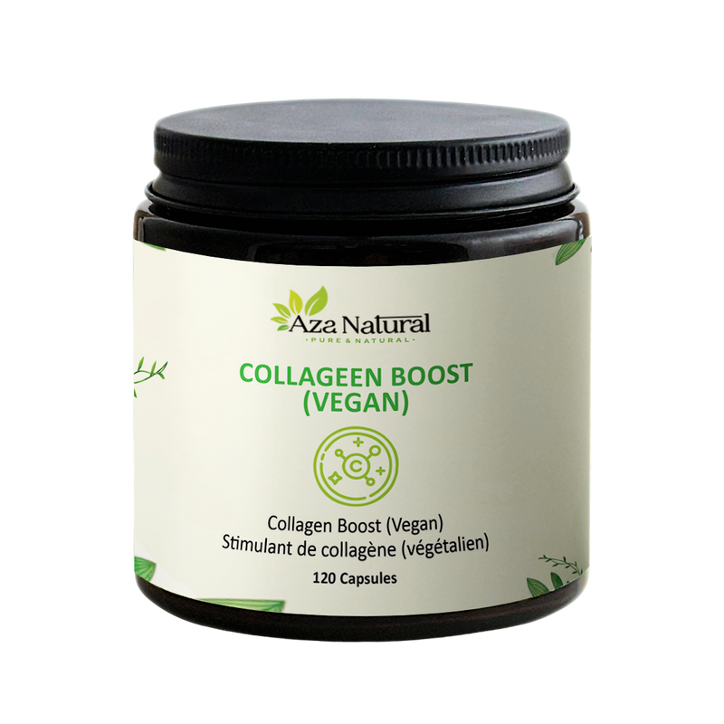 Pot Collageen Boost van Aza Natural met 120 capsules, brede pot van donker glas