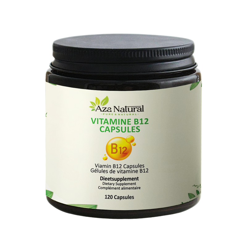 Dose Vitamin-B12-Kapseln von Aza Natural mit 120 Kapseln, breite Dose aus dunklem Glas