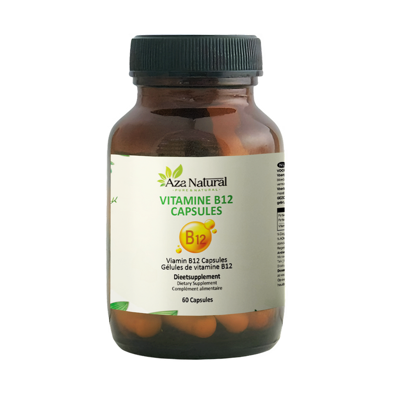 Dose Vitamin-B12-Kapseln von Aza Natural mit 60 Kapseln, dunkles Glas mit Schraubdeckel