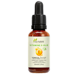 Flacon d’huile de vitamine E Aza Natural, 30 ml, verre foncé avec pipette, étiquette avec une goutte jaune et la lettre E