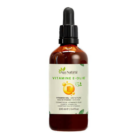 Vitamine E olie 100 ml van Aza Natural, fles van donker glas met pipet en een etiket met een gele druppel met de letter E