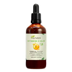 Vitamine E olie 100 ml van Aza Natural, fles van donker glas met pipet en een etiket met een gele druppel met de letter E